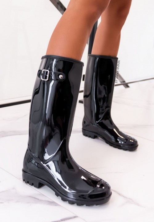 Czarne Błyszczące Kalosze z Klamerką Feline