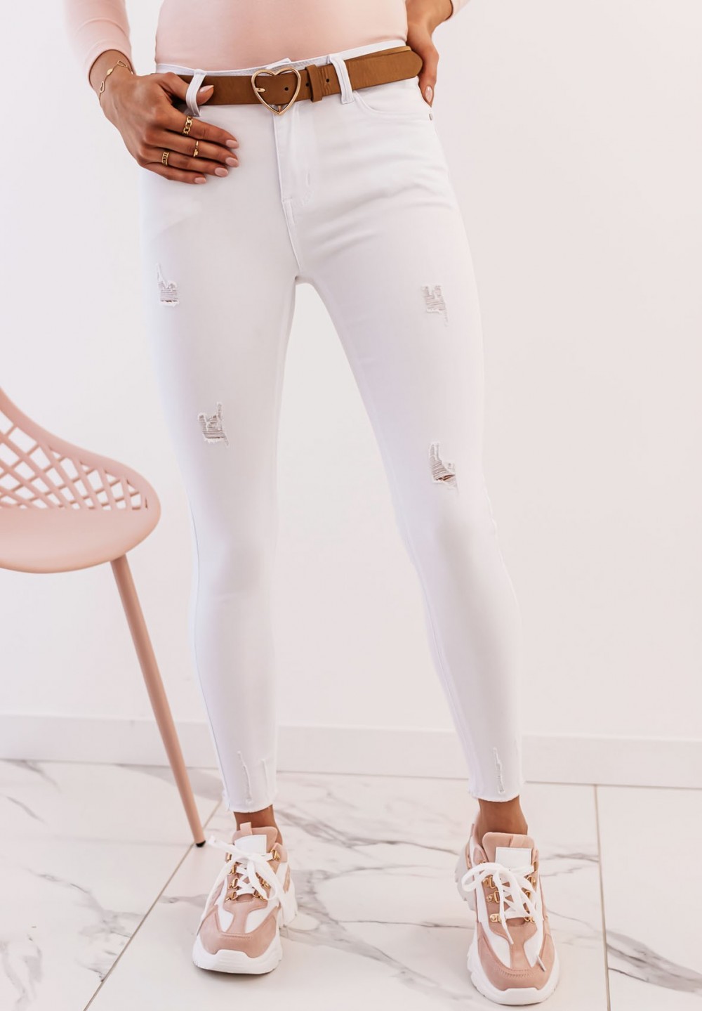 Spodnie Jeansy z Przetarciami Białe Monis