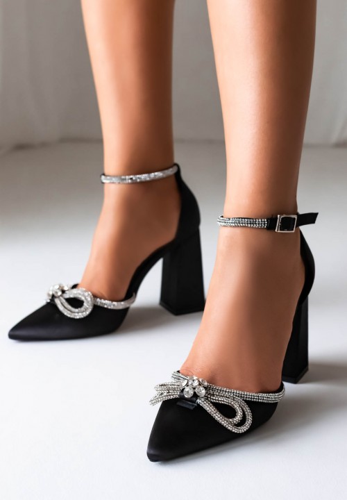 Czółenka Na Słupku Satynowe Czarne...