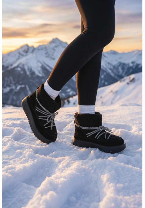 Czarne Śniegowce Sznurowane Ramon