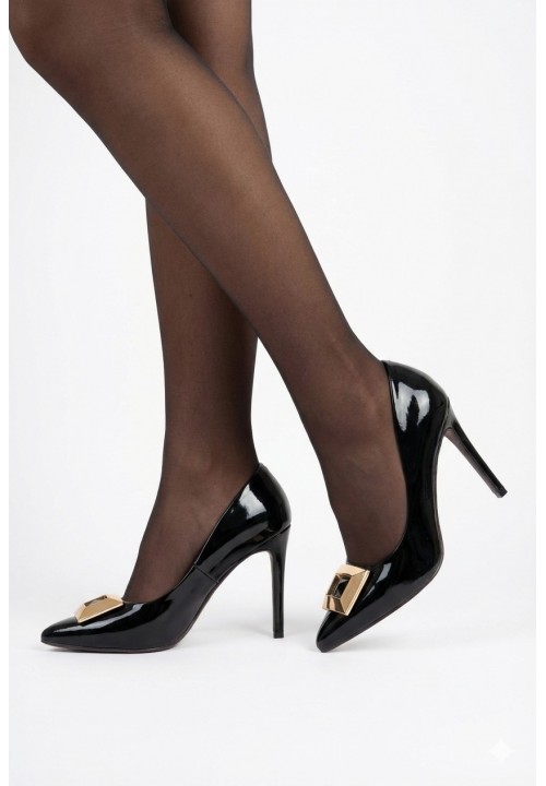 Czółenka Czarne Lakierowane Ze Złotą...
