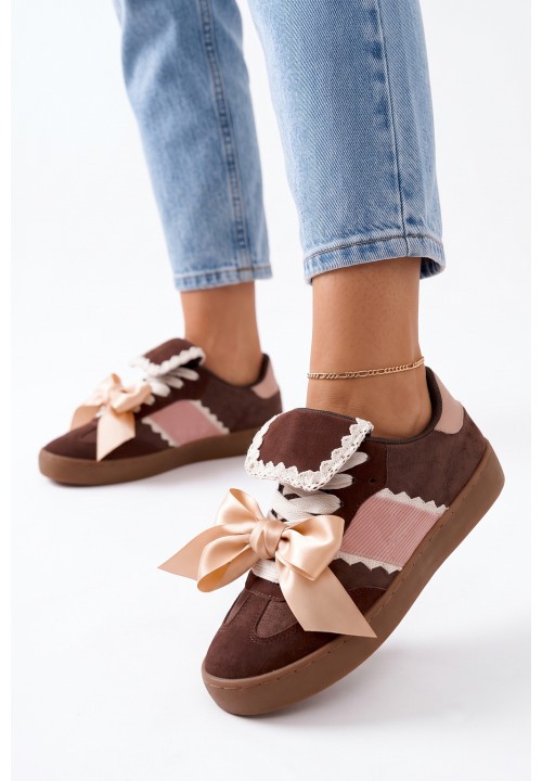 Trampki Sneakersy Brązowe Z Kokardką...